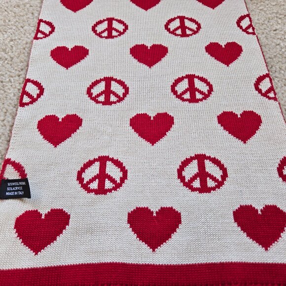 Moschino Peace & Love Hearts Scarf Merino Wool Blend Red White - Picture 5 of 11